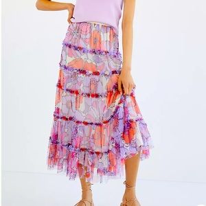NWT Anthro Maeve Tiered Tulle Maxi Skirt Pink Purple White Poppy Flowers